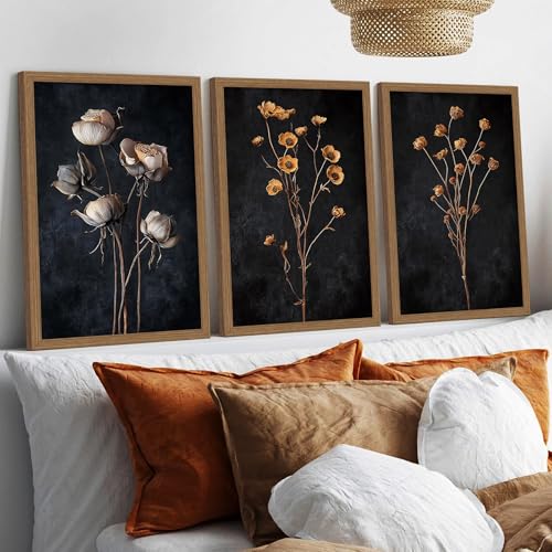 3 Pcs Moody Dried Flower Canvas Wall Art For Bedroom Dark Vintage Floral Framed Wall Art Rustic Aesthetic Botanical Art Prints for Living Room Bathroom 16x24 inch Ready to Hang - color: Dried flowers, size: 16x24 inches