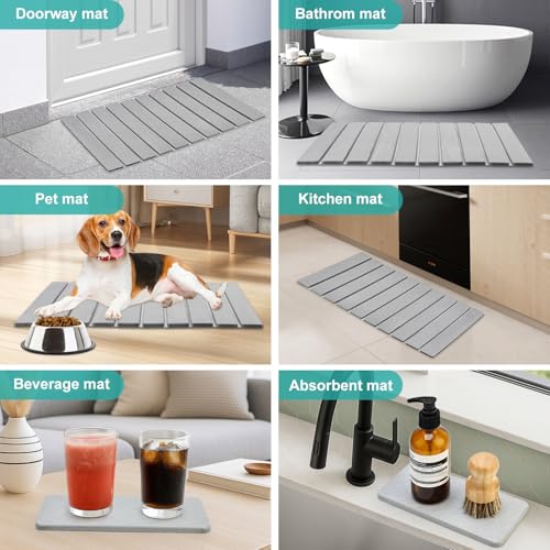 Large Stone Dish Drying Mat for Kitchen Sink Countertop Dish Drainer Diatomaceous Earth Mat Collapsible Dishes Rack Drying Tray Water Absorbent Quick Draining Pads Fast Foldable Bathroom Drying Mats - color: Light Gray