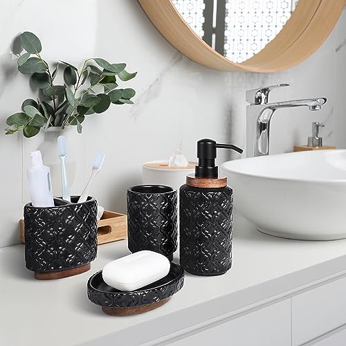 RQYIXI Elegant 4 PCS Ceramic&Wood Bathroom Accessories Set:Soap Dispenser,Toothbrush Holder,Tumbler,Soap Dish,Easy to Clean,Quatrefoil Pattern,Black-Affordable Luxury for Home Decor Enthusiasts - color: Black