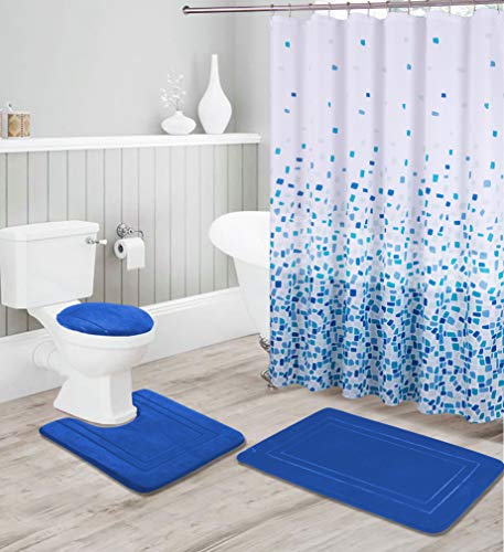 Kids Zone Home Linen Bathroom Collection 16pc Bathroom Accessory Set - Non-Slip Bath Mat, Non-Slip Contour Mat, Toilet Lid Cover and Shower Curtain with Roller Hooks (Royal Blue) - color: Royal Blue