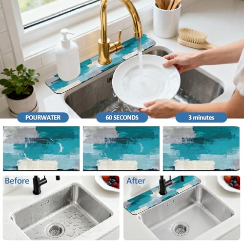 2 Pcs Kitchen Sink Splash Guard Faucet Mat Graffiti Style Faucet Mat for Sinks Abstract Painting Absorbing Drying Mats for Kitchen Bathroom, 23.6x5.5inch - color: Graffiti Style