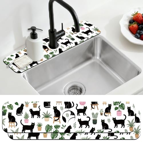 2 Pcs Kitchen Sink Splash Guard Faucet Mat Potted Cat Pattern Faucet Mat for Sinks Flower Absorbing Drying Mats for Kitchen Bathroom - color: Potted Cat