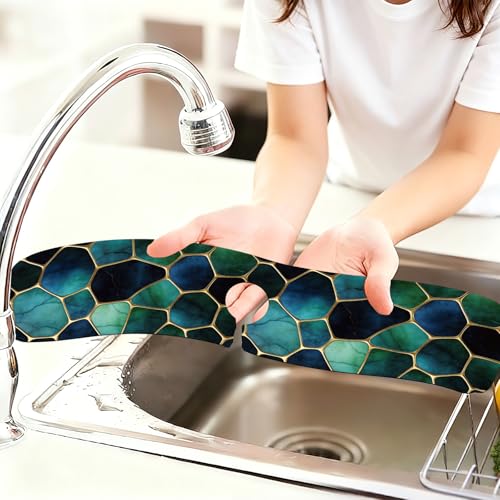 2 Pcs Kitchen Sink Splash Guard Faucet Mat Blue Gold Stones Pattern Faucet Mat for Sinks Absorbing Drying Mats for Kitchen Bathroom - color: Blue Gold Stones