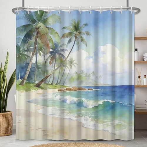 Fabric Shower Curtain with Hooks, Waterproof & Washable Polyester, Blue Coastal Beach Tropical Ocean Theme Shower Curtains for Bathroom, Nautical Palm Tree Beachy Bathroom Curtain, 71x74 Inch - color: Coastal Vacation