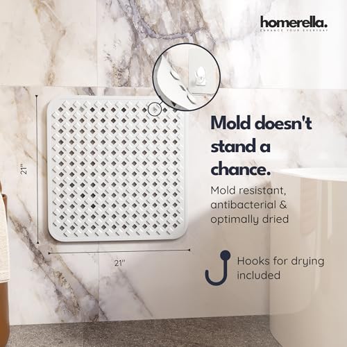 homerella® Shower Mat Non Slip Anti Mold, Non Slip Shower Mats for Inside Shower Stall Anti Slip Mat, Square Shower Floor Mat 21 x 21 in with Suction Cups & Hooks for Quick Drying, Machine Washable - color: White