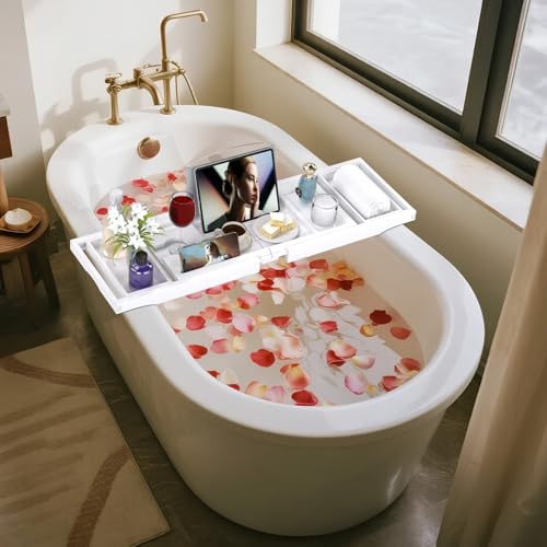 Bathtub Tray Caddy, Expandable Bath Trays for Tub, Bamboo Shelf & Table with Wine Glass Holder,Bathroom Accessories for New Home & Mothers Day & Birthday Gifts for Mom,White - color: White