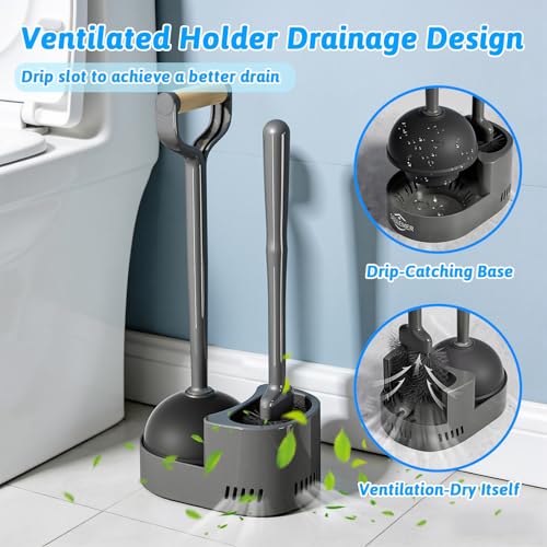 Sellemer Toilet Brush and Plunger Set, Curved Head Deep Clean, Grey 2 Pack | Brush and Plunger set, Curved Nylon Bristles for Deep Clean, Strong Suction Plunger, Ventilated Holder for Quickly Air Dry - color: Gray