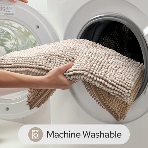 HOMEIDEAS Beige Bathroom Rugs Set of 2, Thick Absorbent Chenille Bath Mats, Non-Slip Soft Shaggy Rugs for Bathroom Floor, 20" x 32" & 17" x 24" - color: Beige