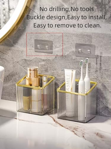 Wall Mounted Toothbrush Holder Adhesive Hanging Wall Organizer Cup Holder for Tooth Brush,Electric Toothbrush,Toothpaste,Razor,Makeup Brush,Cosmetic,Hair Brush,Pen,Set of 2 - color: Silver Gold Rim