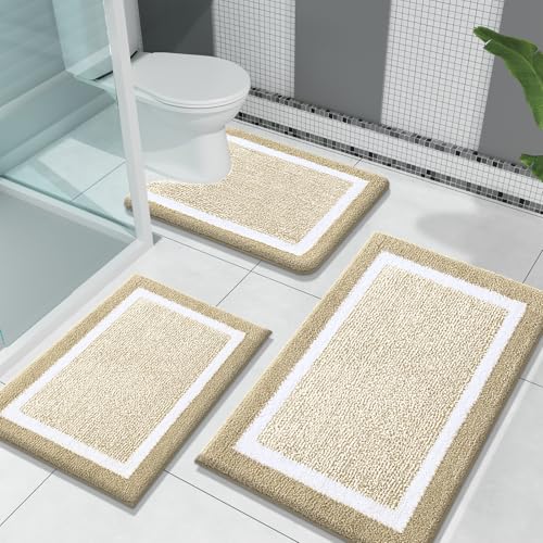 OLANLY Bathroom Rugs Sets 3 Piece, Soft Absorbent Microfiber Bath Mats and U-Shaped Contour Toilet Rug, Home Decor Accessories, Non-Slip, Bath Mat Set for Bathroom (30"x20"+24"x16"+24"x20", Beige) - color: Beige and White, size: 30" X 20" + 24" X 16" + U
