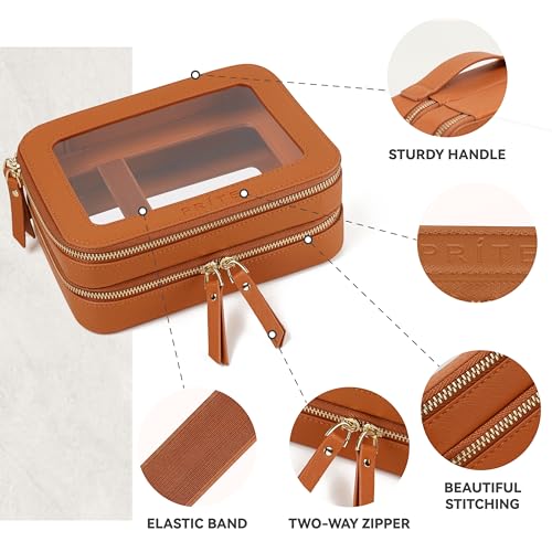 Prite Large Clear Makeup Bag Double Layer Makeup Bag for Women Travel Toiletry Bag Cosmetic Train Case with a Separate Brush Compartment for Car Essentials(Brown) - color: Brown, size: Standard - Double Layer