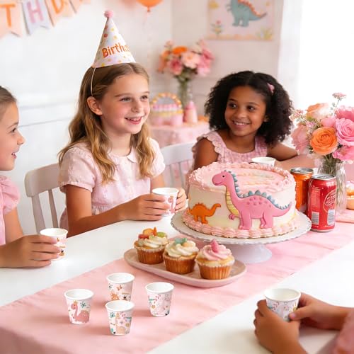 WRAPAHOLIC 3oz Dinosaur Birthday Paper Cups - 100 Pack Disposable Bathroom Cups with Baby Dinosaur 4 Design, Small Mouthwash Cup for Toothbrush Rinse, Home Bathroom and Baby Girl Shower - color: Pink Dinosaur 4 Design