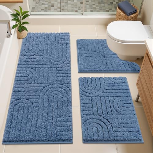 Vaukki Bathroom Rugs Sets 3 Piece, Blue Washable Non Slip Soft Bath Mats for Shower and Tub, Plush Absorbent Microfiber Toilet Rug U Shaped, 48x20+26x18+24x20 Inch - color: Blue, size: 18''x26''+20''x48''+20''x24''