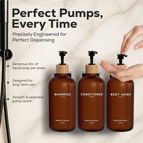 Amber Shampoo and Conditioner Dispenser Set Wall Mounted by Brighter Barns - Refillable Shampoo Dispenser for Shower Wall 3 Chamber No Drill - Plastic Shower Bottles for Guest Bathroom, Hotel (Amber) - color: Boho (Amber)