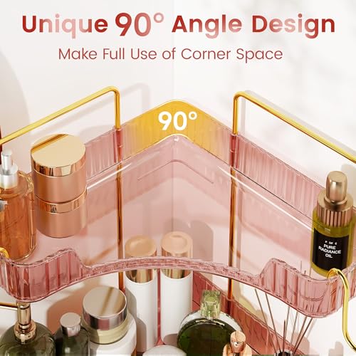 Corner Bathroom Counter Organizer 3-Tier Bathroom Organizer Countertop with Hooks Perfume Organizers Storage Shelf for Makeup & Skincare Dresser-Pink - color: Pink, size: 3 Tier