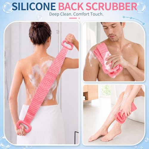 Manmihealth Silicone Back Scrubber for Shower, 36'' Extendable Back Washer with Long Strap Handle, Dual-Sided Silicone Body Brush for Men and Women (Gray+Pink) - color: Gray+pink
