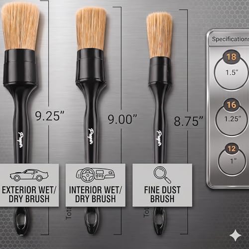 Car Detailing Brush Set, 3 Pack Interior and Exterior Detail Brushes, with Soft Boars Hair Bristles for Auto Interior & Exterior - for Cleaning Leather Seats, Air Vents, Wheels & Emblems