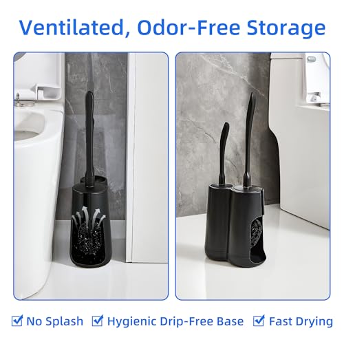 Toilet Brush and Holder Set with Pumice Stone – Long Handle Toilet Bowl Brush, Anti-Splash Scrubber, Ventilated Drip-Free Base, Deep Cleaner for Hard Water Stains, Limescale, Toilet Rings - color: Black