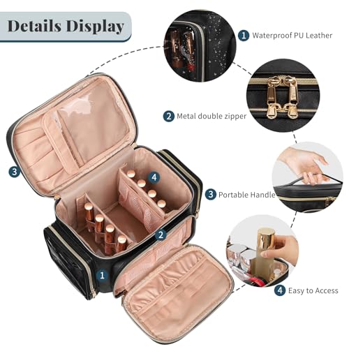 Bagmoly Large Makeup Bag, Portable Travel Makeup Bag Organizer for Women Girls with Makeup Brush Compartment & Two Side Pockets, Cosmetic Travel Bag Vertical Storage Toiletry Bag - Black - color: 01-Black, size: Medium
