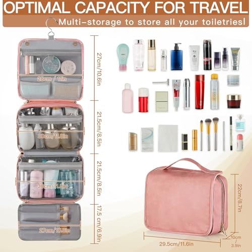 Elviros Hanging Travel Toiletry Bag for Women, 3-in-1 Large Makeup Bag and Cosmetic Organizer, Vegan Leather Waterproof Skincare Case for Travel Size Toiletries and Accessories, Gift for Women - color: Cherry Blossom Pink, size: 1 Pack
