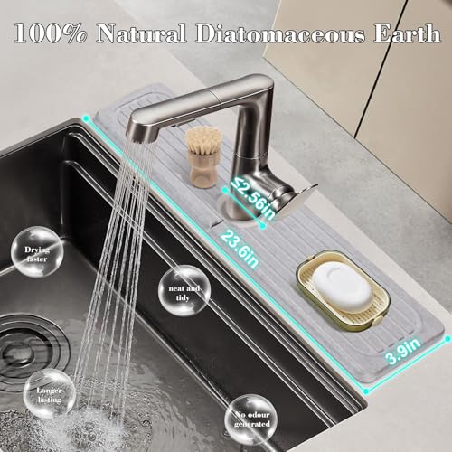 Stone Faucet Mat for Kitchen Sink, 23.6" Diatomite Drying Stone Kitchen Sink Mat Super Absorbent, Kitchen Sink Splash Guard, Sink Stone Quick Dry Around Faucet for Kitchen Bathroom Counter - size: 3.9" x 23.6"