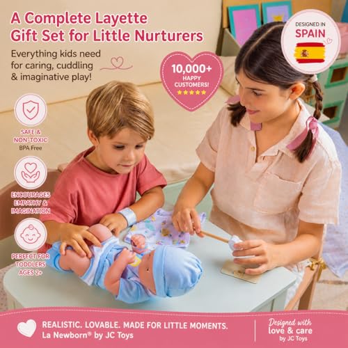 8 piece Layette Baby Doll Gift Set | JC Toys - La Newborn Nursery | 14" Life-Like Smiling Doll w/ Accessories | Blue | Ages 2+ - color: Smiling Blue