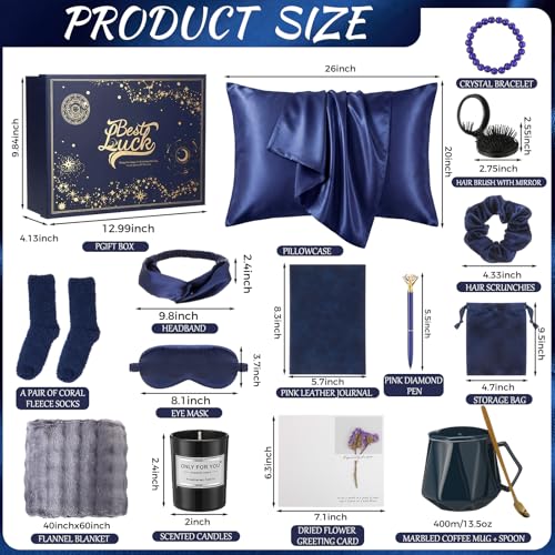 Twistover 16 Pcs Birthday Gifts for Women: Luxury Robe & Blanket Spa Gift Basket for Women -scented Candle, Mug, Notebook, Pillowcase & Spa Accessories(Navy Blue) - color: Navy Blue