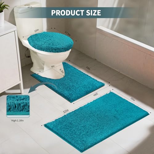 Bathroom Rugs Sets 3 Piece with Adjustable Toilet Seat Cover 17.5"x 15" Machine Washable Bath Rug Set with TPR Non Slip Rubber Backing Solid Bath Mat Set for Luxury Bathroom Decoration - color: Teal
