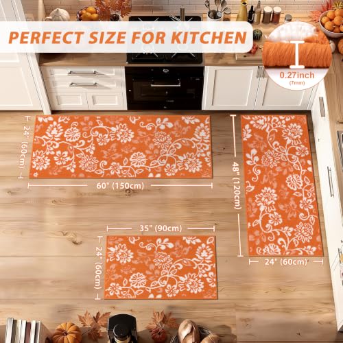 LOKHOM Fall Kitchen Rugs Sets of 3, Non Slip Orange Kitchen Mats for Floor | High-Low Textured Kitchen Rug Set with Rubber Backing, Paisley Floral Washable Carpet Runner for Hallway Sink(Orange & White) - color: Orange, size: 24"x35"+24"x48"+24"x60"