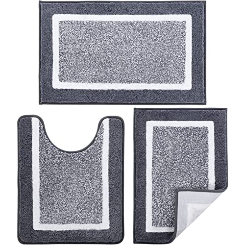Bathroom Rugs Sets 3 Piece with U-Shaped Contour Toilet Mat Shower Rugs Absorbent Microfiber Plush Bath Mats Non Slip Bath Rugs Shaggy Floor Mats Machine Washable - color: Dark Grey