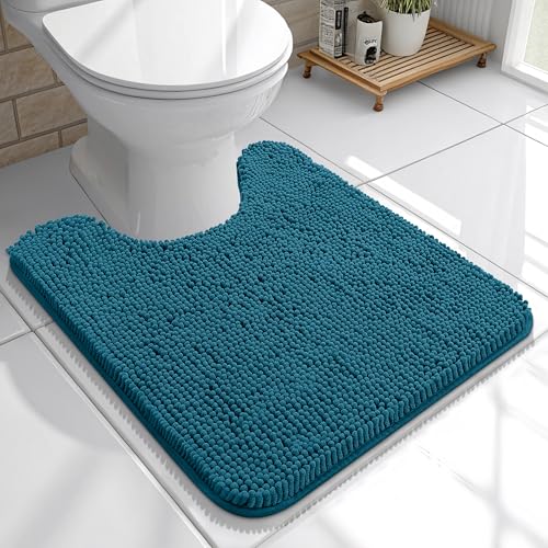 OLANLY Toilet Rugs U-Shaped 20x20, Extra Soft Absorbent Chenille Contour Bathroom Rugs for Toilet, Dry Quickly, Machine Washable, Non-Slip Bath Mat, Peacock Blue - color: Peacock Blue, size: 20" X 20" Contour Rug