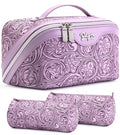 BOYATU Travel Makeup Bags Cosmetic Organizer Bag: 3 Pcs Set Large Capacity Floral Make up Bag with Compartments - Waterproof Leather Toiletry Bags with Handle for Women (21-Purple) - color: 21-Purple
