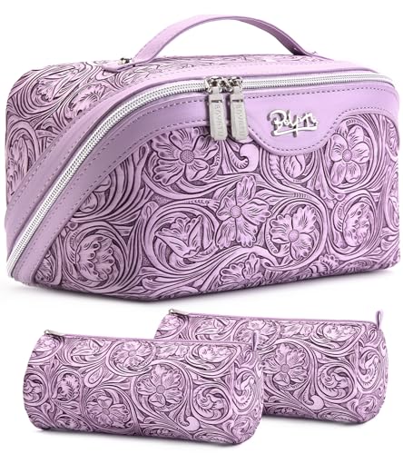 BOYATU Travel Makeup Bags Cosmetic Organizer Bag: 3 Pcs Set Large Capacity Floral Make up Bag with Compartments - Waterproof Leather Toiletry Bags with Handle for Women (21-Purple) - color: 21-Purple