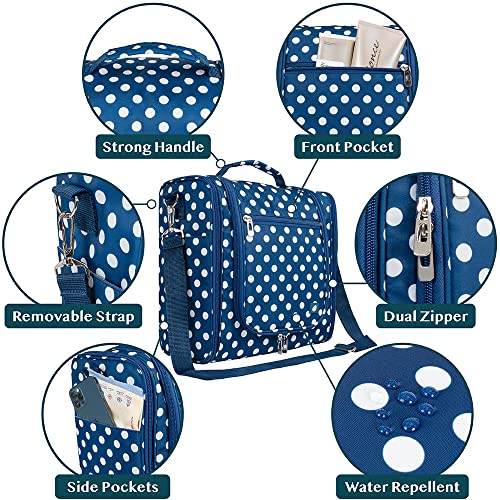 PAVILIA Extra Large Toiletry Bag Travel Bag for Women Men, Hanging Cosmetic Organizer, Water Resistant Makeup Bag for Accessories Toiletries, Travel Essentials Kit (Navy Polka Dot) - color: Navy Polka Dot, size: Extra Large (12x6x12.5)