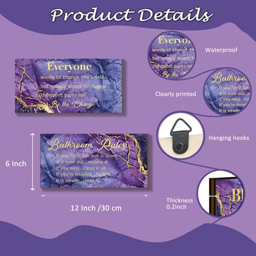 DONFENTHY 2 Pieces Purple Gold Bathroom Decor Bathroom Rules Wall Art Rustic Farmhouse Wooden Sign for Bathroom Toilet (Purple Gold 12x6") - color: Purple