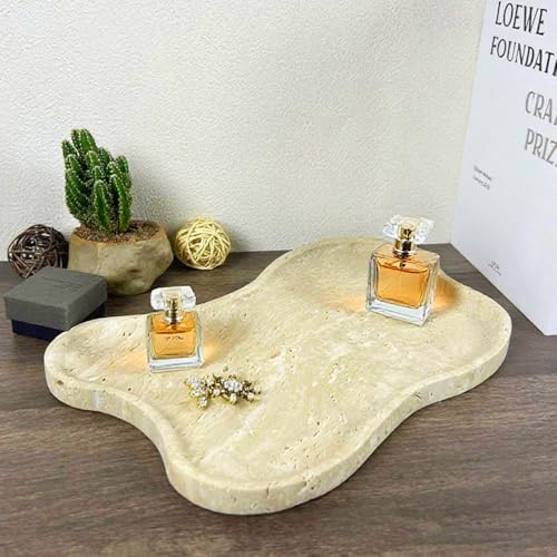 Cloud Shape 100% Natural Travertine Tray Luxury Travertine Vanity Organizer for Bathroom Kitchen Counter, Decorative Tray for Dresser Home Décor, 13.3x8.3x0.7 inches - color: Beige (Slightly White)
