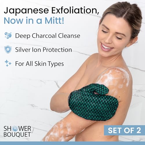 Japanese Exfoliating Mitt 2-Pack - Charcoal & Silver Ion Exfoliating Gloves for Shower - Soft Inner Fabric Gentle Exfoliation & Deep Cleansing Body Scrub Gloves for All Skin Types - 1 White, 1 Green - color: Charcoal Green + Charcoal White, size: 1 Count