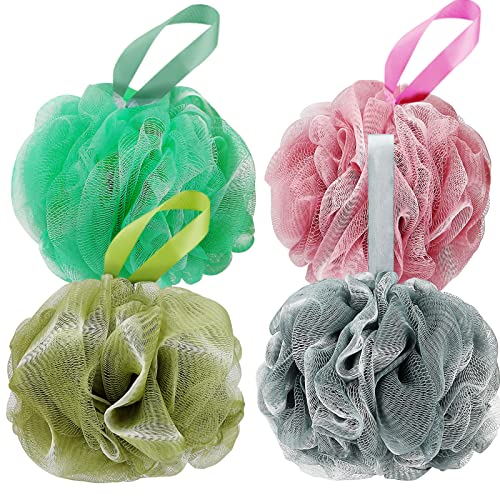 DadyMart Bath Shower Loofah Sponge 60g Bath Mesh Pouf Shower Ball Body Scrubber Exfoliating Bath Sponge for Women and Men, Set of 4, Black (Loofah-Medium, Army Green) - style: Army Green