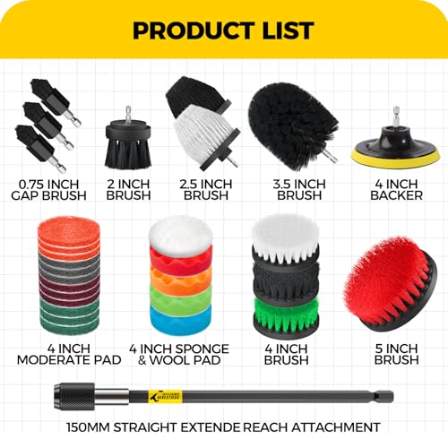 Holikme 30 Piece Drill Brush Set, Scrub Pads Scrubber Brush with Extend Long Handle Clean for Grout, Tiles, Bathtub, Bathroom, Kitchen, Bristle Discs,Black - color: Black