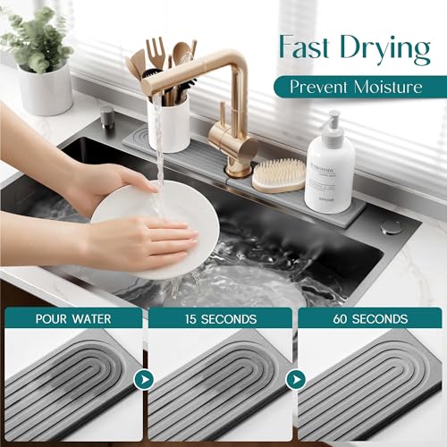 eormoe Kitchen Faucet Absorbent Mat - Diatomaceous Earth Splash Guard for Sink Faucet, Aesthetic Water Absorbing Stone Tray in The Modern Home [Grey, 23.6" x 3.9"] - color: Gray, size: 23.6" x 3.9"