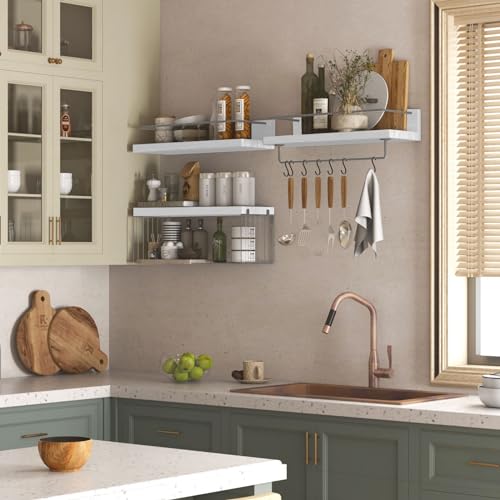 PopiShelves Bathroom Shelves Over Toilet for Wall, Floating Shelves with Storage Basket Paper Holer for Kitchen Living Room, Bedroom & Classroom, Set of 3 (White and Grey) - color: White and Grey, size: 15.7"