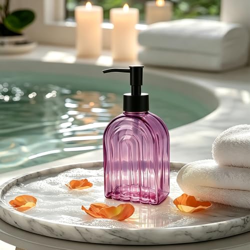 Elegant Purple Glass Soap Dispenser with Black Pump | 400ML Modern Bathroom & Kitchen Soap Dispenser for Hand Soaps, Lotions, Essential Oils - color: Purple