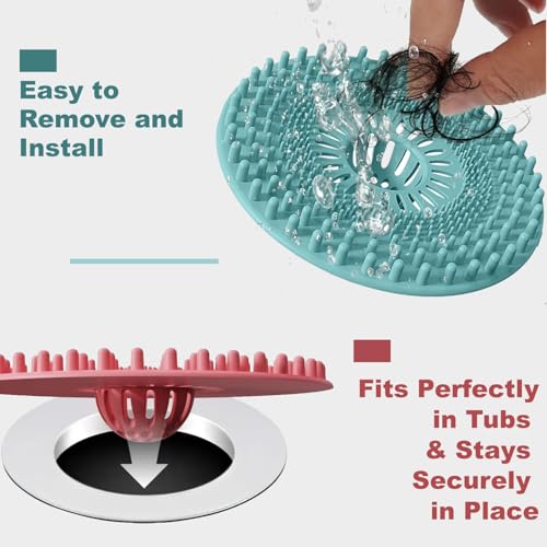 Silicone Hair Catcher for Shower Drain & Bathtub – 3 Pack (Grey/Blue/Pink), Anti-Clog Drain Strainer with Strong Suction, Easy Install, for Bathroom, Kitchen & Pet Hair (Patented)