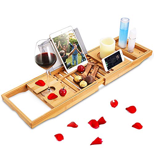 Moclever Bathtub Caddy Trays - Premium Bamboo Bath Trays with Extending Sides, Reading Rack, Tablet Holder, Cell Phone Tray and Luxury Wine Glass Holder - Natural Bamboo Color