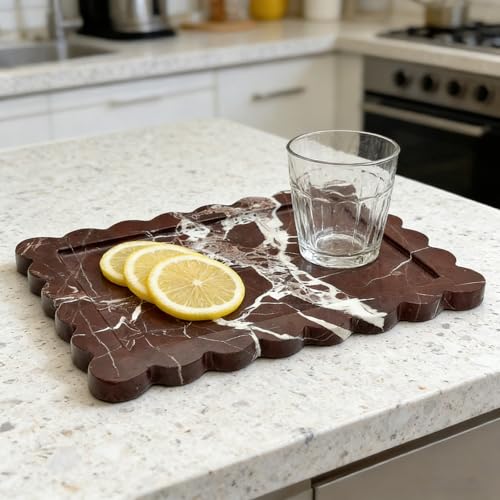 Real Natural Red Marble Tray, Luxury Scalloped Marble Tray, Decorative Rectangle Marble Tray for Vanity Bathroom Kitchen Coffee Table Jewelry Perfume Home Decor - color: Rosso Lepanto