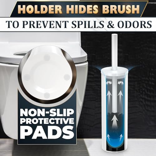 Stainless Steel Toilet Brush and Holder Set White - Long Handle Toilet Bowl Cleaner Brush and Holder - Removable Inner Liner, Shiny Design, Splash Protection & Dense Bristles for Bathroom Cleaning - color: White 2 Pcs