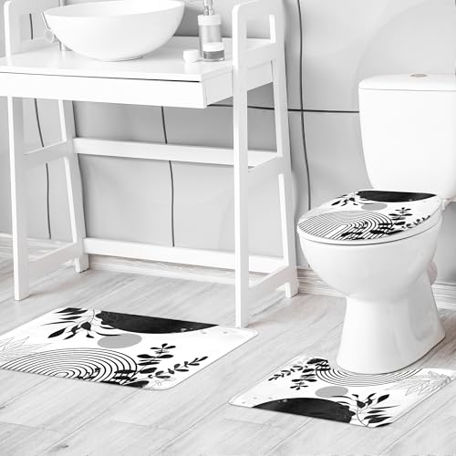 Riyidecor Mid Century 4Pcs Bathroom Shower Curtain Sets Abstract Aesthetic Geometric Minimalist Bathroom Decor Set with Rugs and Accessories Modern Toilet Lid Rug, Contour and Bath Mat with 12 Hooks - color: 07black White