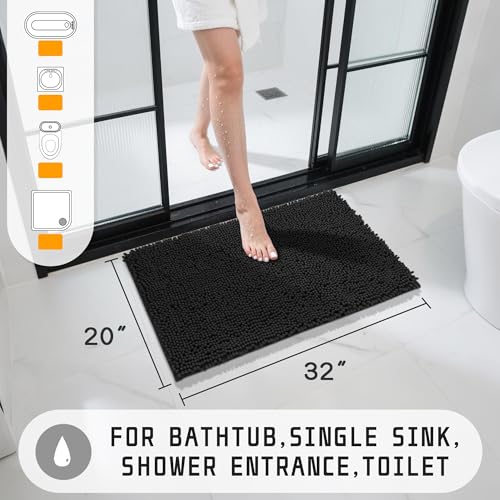 Yimobra Washable Bathroom Rugs, Super Soft & Absorbent Chenille Bath Mat for Floor & Carpet, Quick Dry Non Slip Bath Mat for Tub Shower, 32"x20",Black - color: Black, size: 32" X 20"