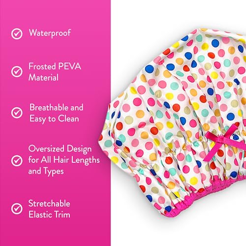 Reusable Bath & Shower Cap Lined, Oversized Waterproof Shower Caps Large Designed for all Hair Lengths with PEVA Lining & Elastic Band Stretch Hem Hair Hat - Fashionista Deco Dots - color: Deco Dots