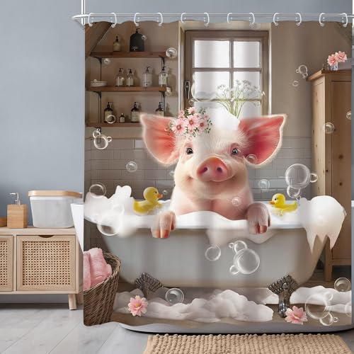Newsely Funny Pig Shower Curtain 60"W x 72"L Inch Farmhouse Rustic Farm Animal in Bathtub Cute Western Country Shower Curtain Bathroom Set Pink Floral Waterproof Bath Decoration Accessories Home Decor - color: E-01pig, size: 60"W x 72"L (Pack of 1)